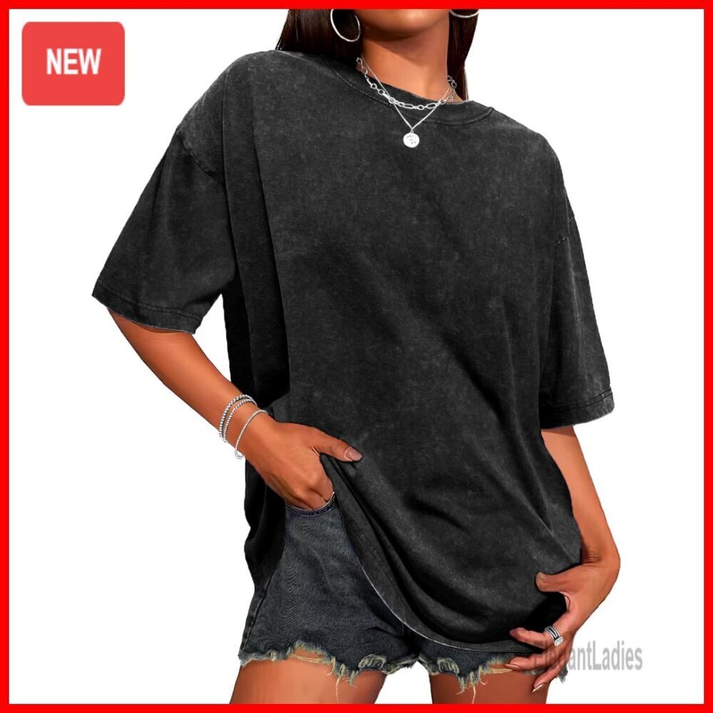 Oversized Vintage Washed Cotton Tee, Loose Fit Crew Neck Casual Top